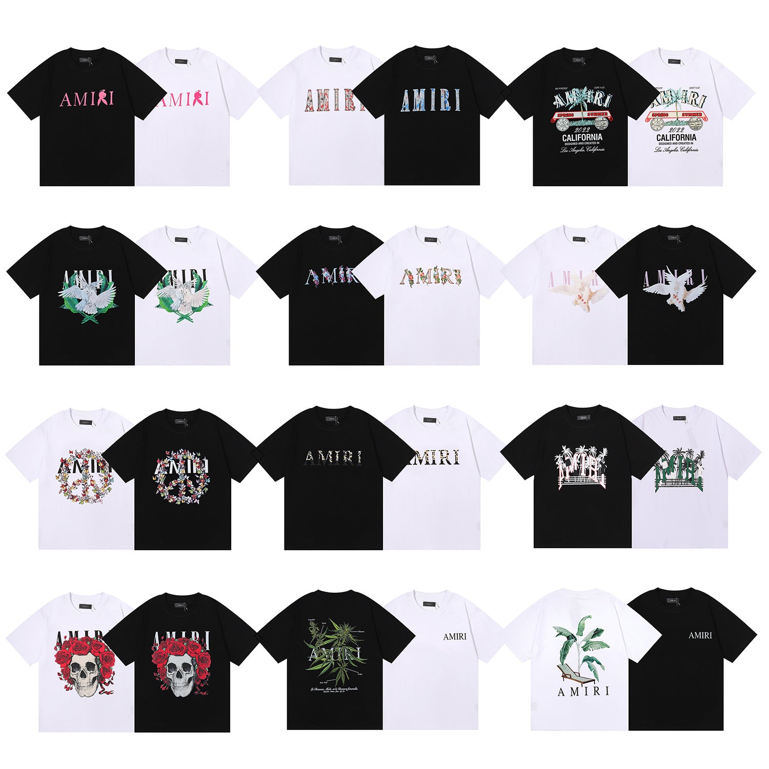 Amiri Rose Skull Letter Graphic Short Sleeve Tee Streetwear Unisex