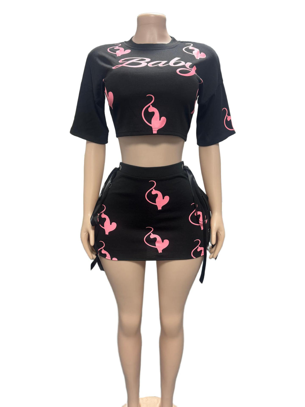 Baby Phat Y2K Graphic Print Crop Top Lace‑Up Mini Skirt Set Women