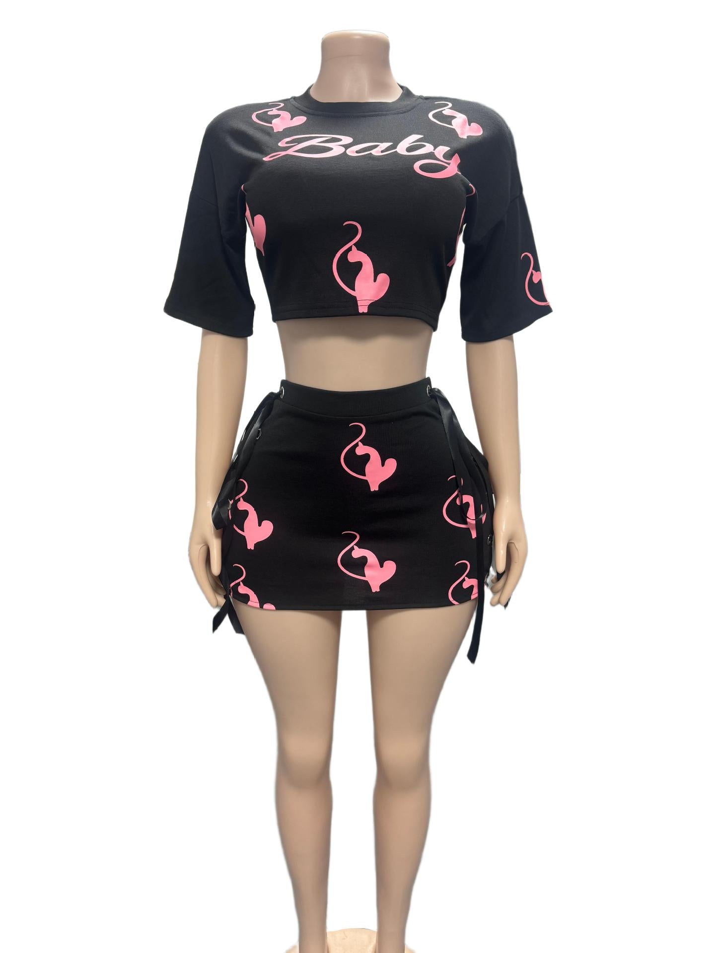Baby Phat Y2K Graphic Print Crop Top Lace‑Up Mini Skirt Set Women
