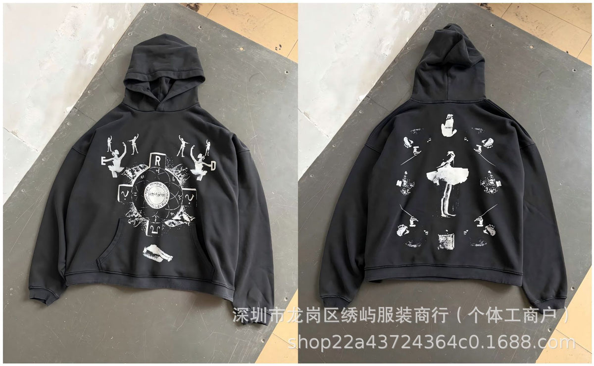 ERD Distressed Photo Letter Print Hoodie Vintage Cotton Pullover