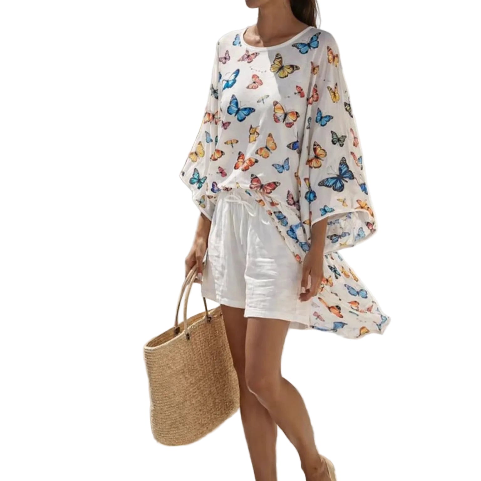 Boho Striped Batwing Beach Two Piece Short Set