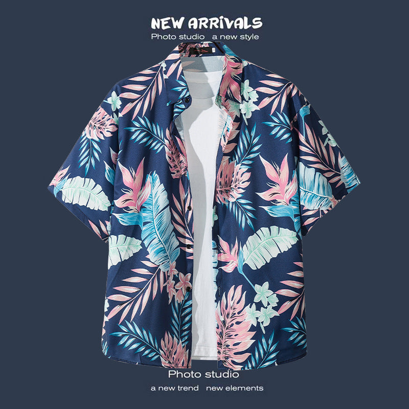 Mens Vintage Tropical Hawaiian Floral Loose Short Sleeve Beach Shirt