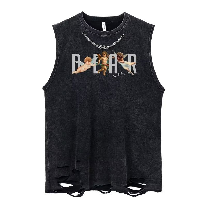 Vintage Washed Ripped Tank Mens Loose Hip Hop Sleeveless Vest