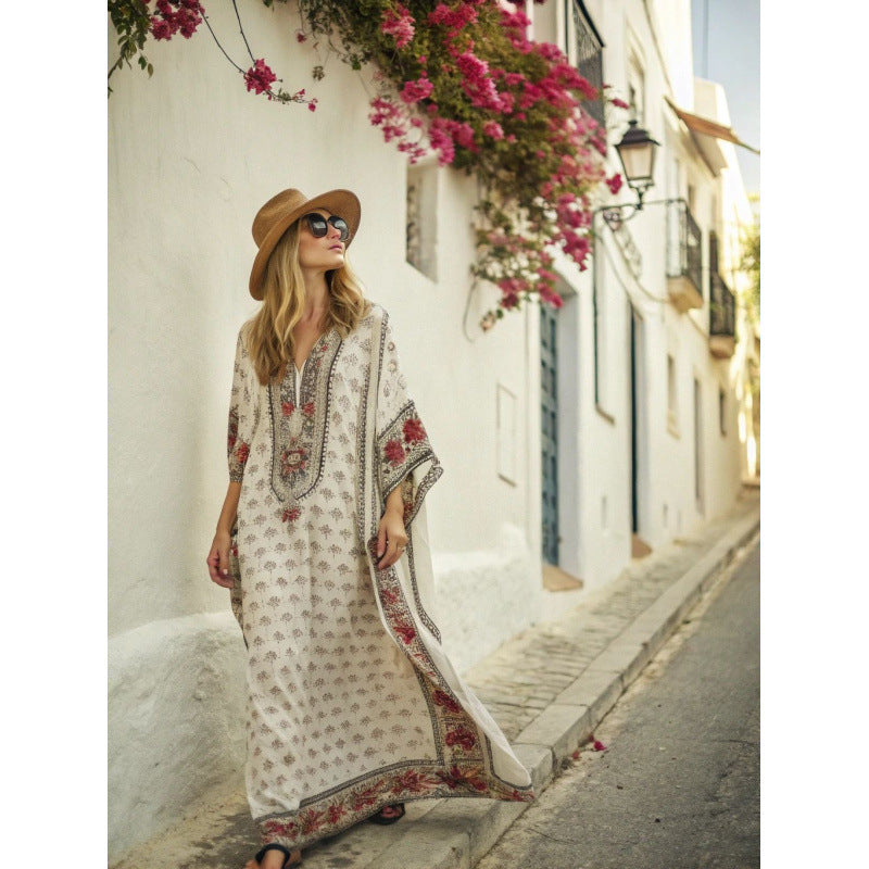 Women Boho Floral Border Print V Neck Loose Kaftan Maxi Beach Dress