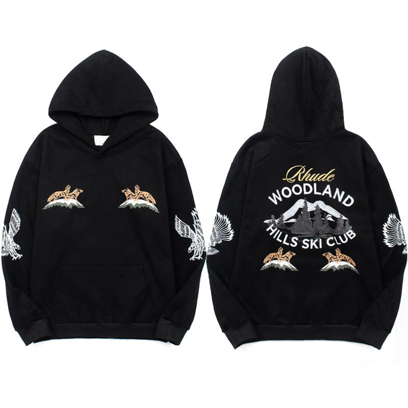 Rhude Vintage Eagle Flame Print Hoodie Retro Streetwear Loose Pullover