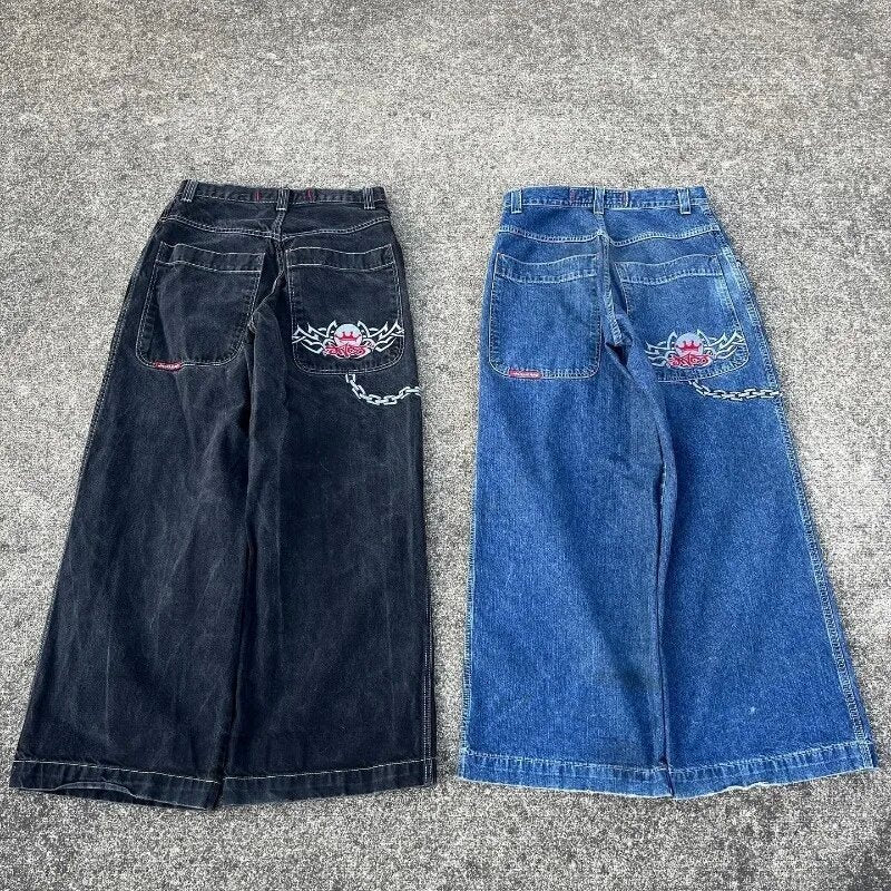 JNCO Style Y2K Embroidered Baggy Wide Leg Denim Jeans Unisex Streetwear Pants