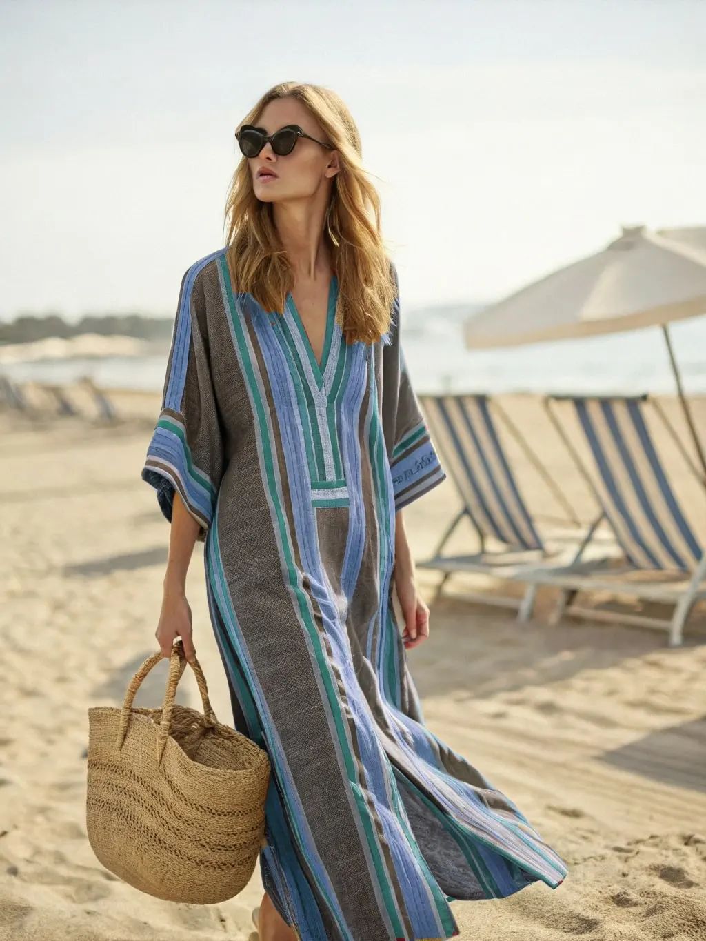 Women Boho Abstract Print V Neck Batwing Loose Kaftan Maxi Beach Dress