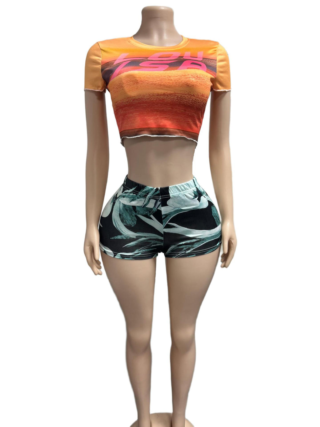 Gradient Graphic Print Crop Top Denim Shorts 2 Piece Set Women