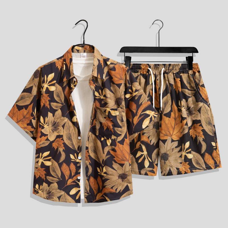 Ice Silk Quick Dry Couple Floral Loose Beach Shirt Shorts Set T3601-T3630