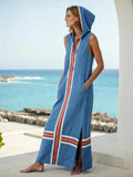 Women Boho Striped Hooded Sleeveless Slit Pocket Kaftan Maxi Beach Dress