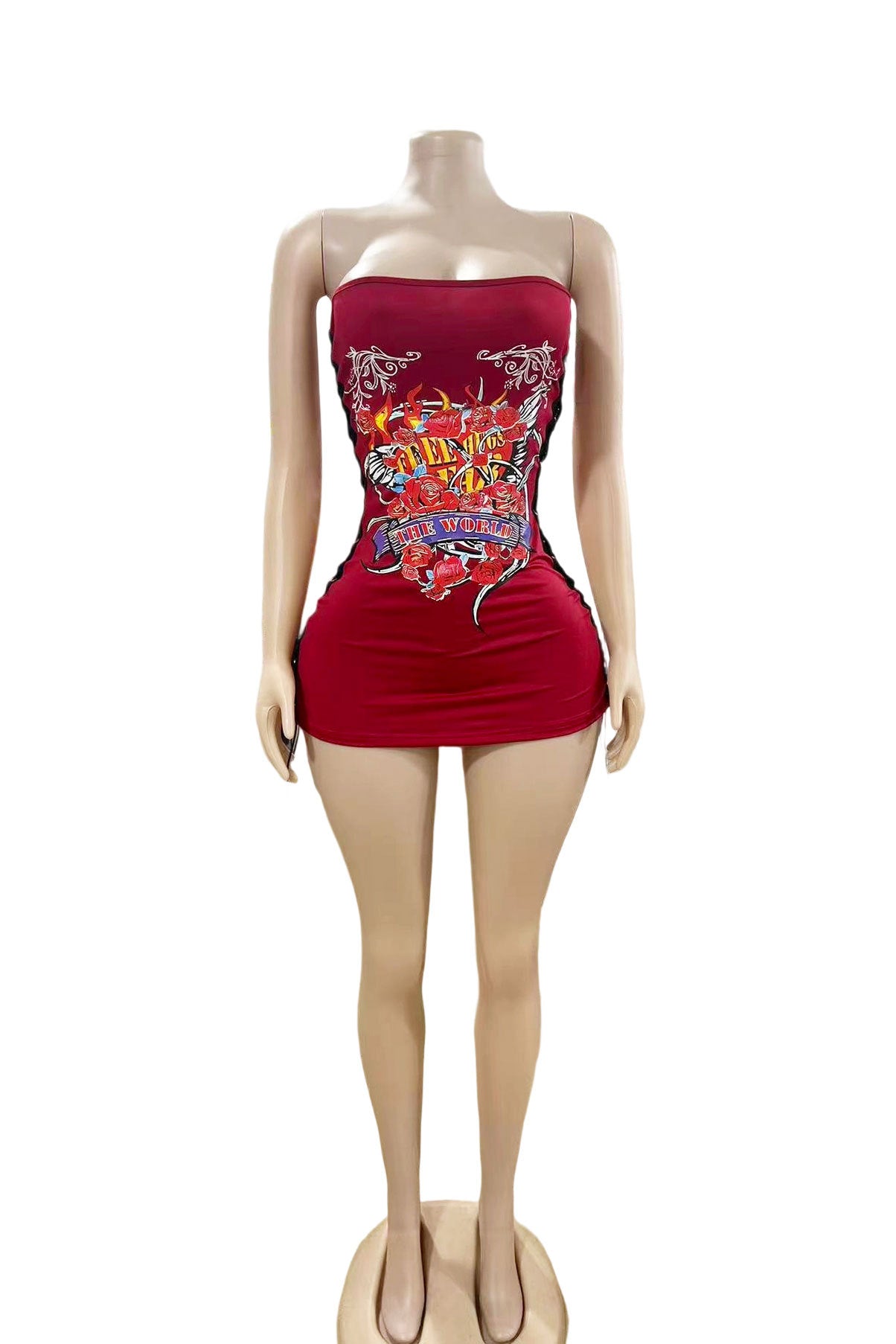 Floral Graphic Print Strapless Drawstring Side Bodycon Mini Dress Women