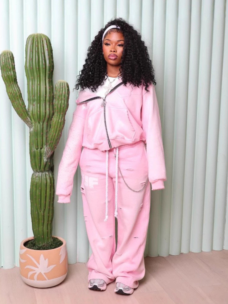 UnfairLives UF Distressed Zip Up Hoodie Sweatpants 2 Piece Tracksuit Women