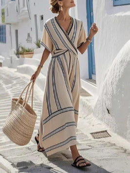Women Boho Vertical Striped V Neck Wrap Loose Beach Maxi Dress