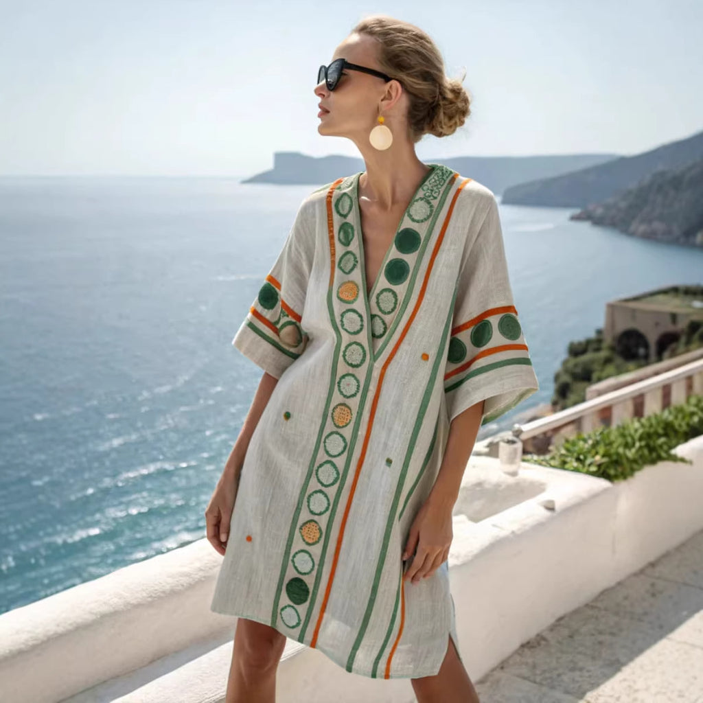 Women Boho Geometric Print V Neck Loose Kaftan Maxi Beach Dress