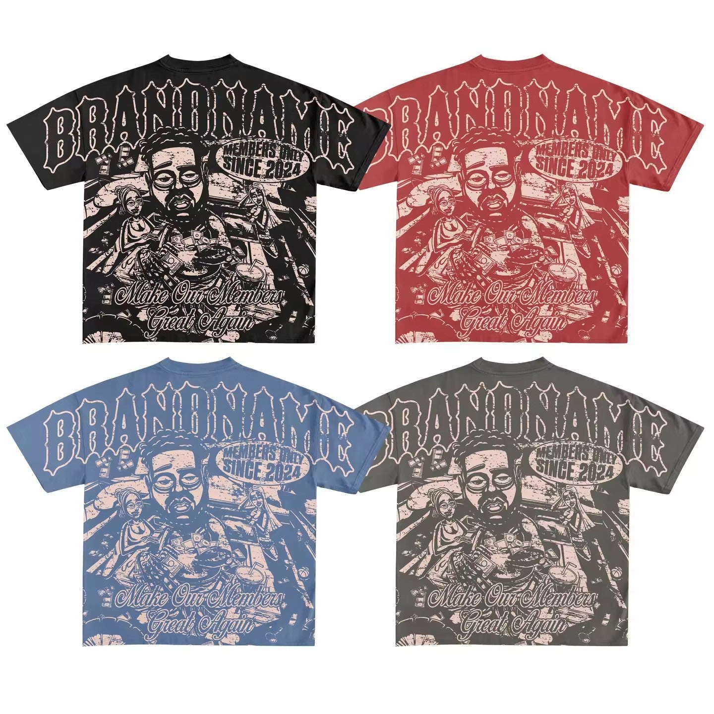 Y2K Hip-Hop Cartoon Portrait Oversized Vintage Baumwoll-T-Shirt im Members-Only-Stil