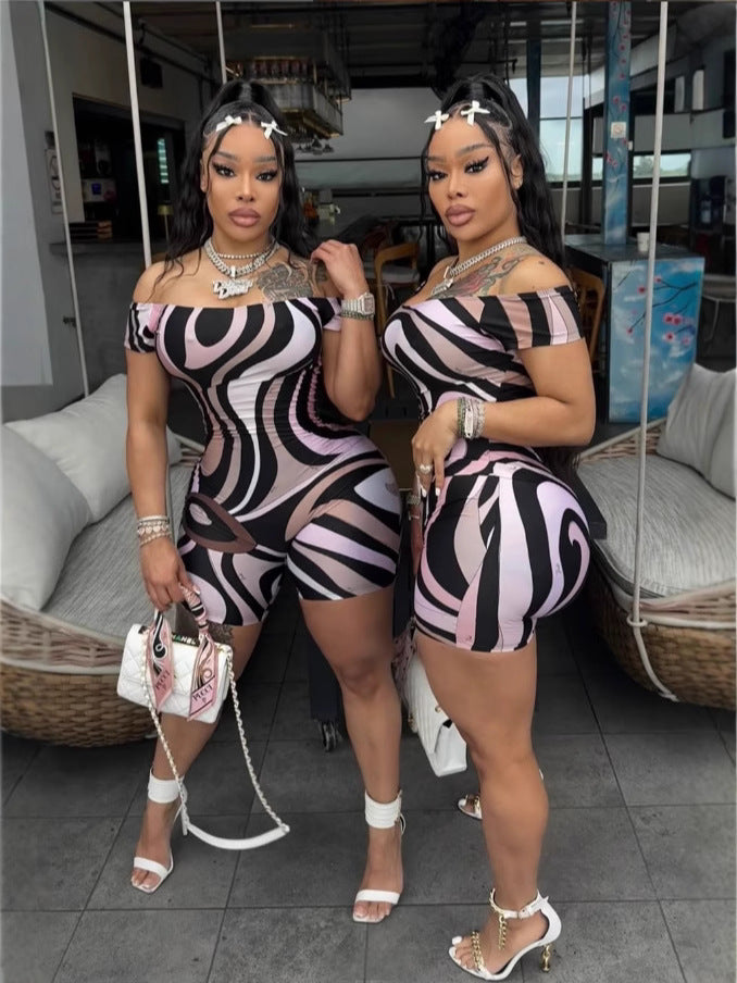 Off Shoulder Abstract Print Bodycon Romper Shorts Women Sexy Club Jumpsuit