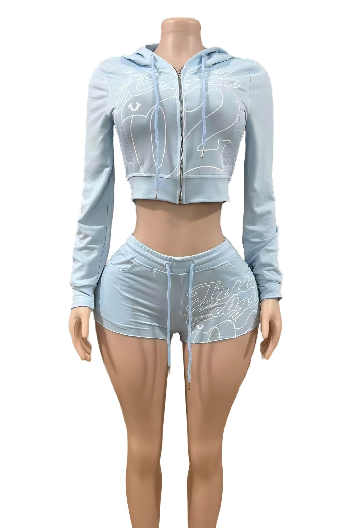 True Religion Graphic Zip Crop Hoodie Short Tracksuit Set