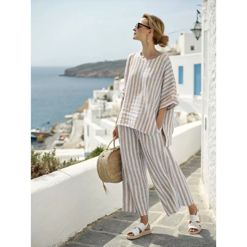 Women Boho Striped Plus Size Loose Kaftan Beach Set