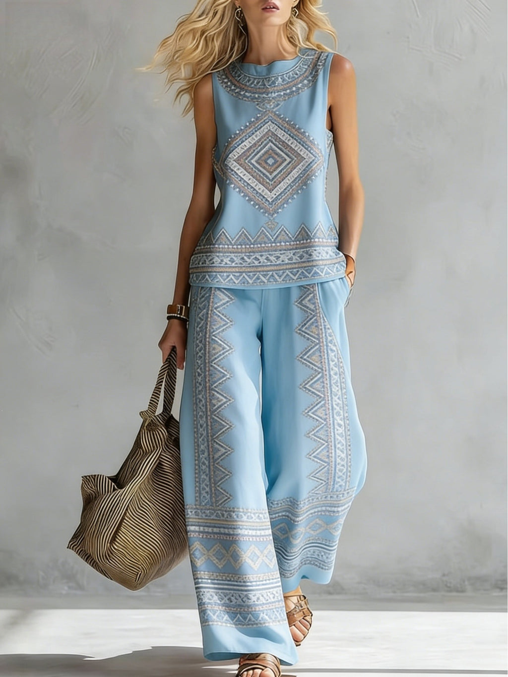 Boho Floral Trim Sleeveless Wide Leg Two Piece Set