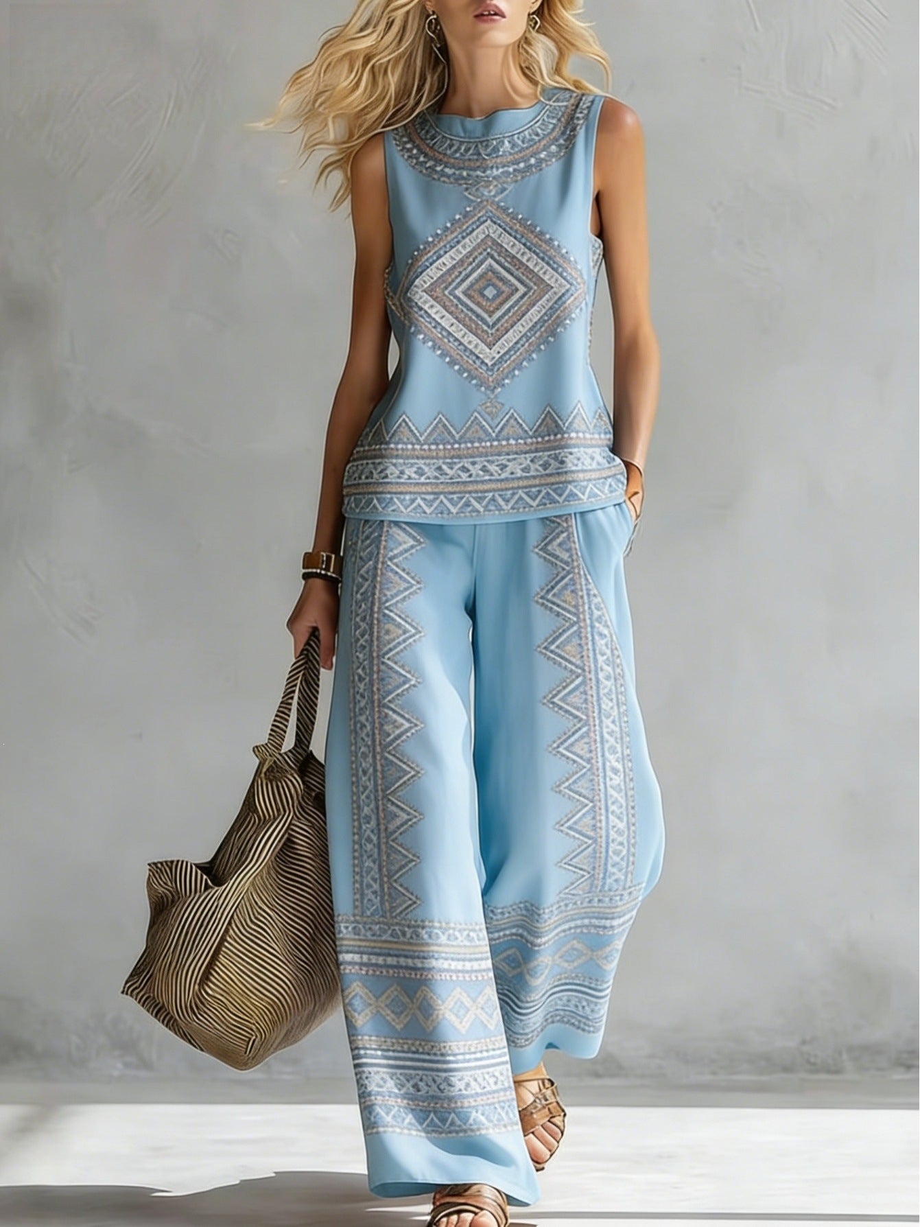 Boho Floral Trim Sleeveless Wide Leg Two Piece Set