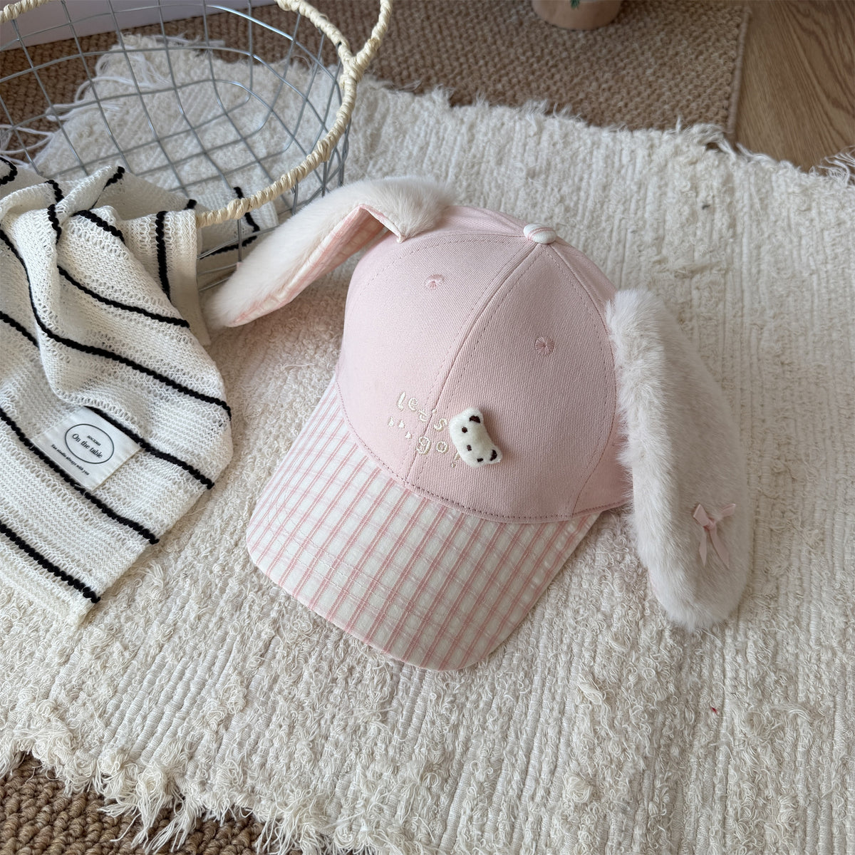 Cute Fluffy Bunny Ear Reversible Plaid Baseball Cap For Girls