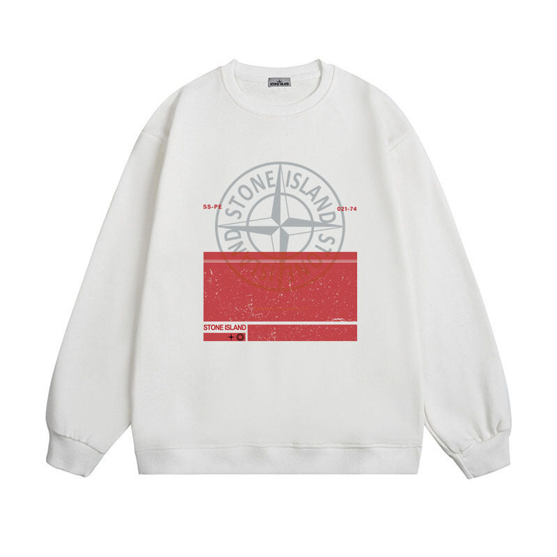 Stone Island Compass Print Crewneck Sweatshirt Men Winter Fleece Top