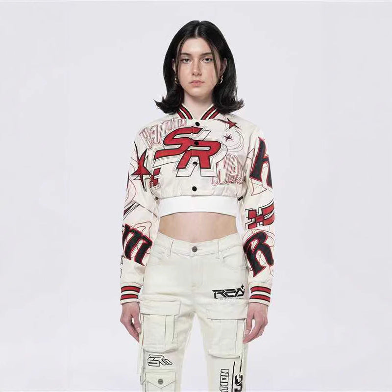 Embroidered Cropped Varsity Jacket Women Long Sleeve Baseball Coat