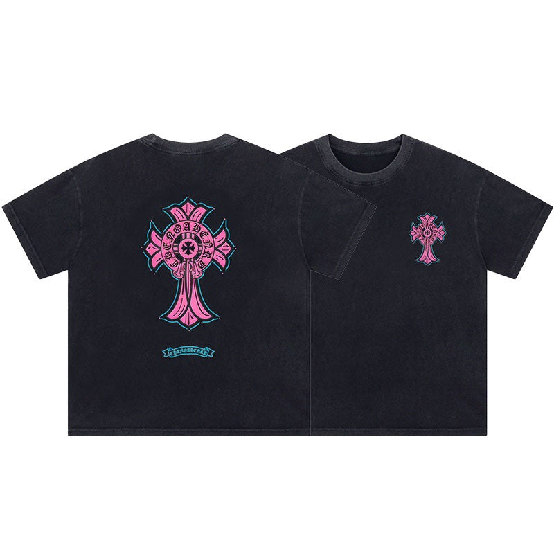 Chrome Hearts Color Sanskrit Cross Print Short Tee Unisex Y2K