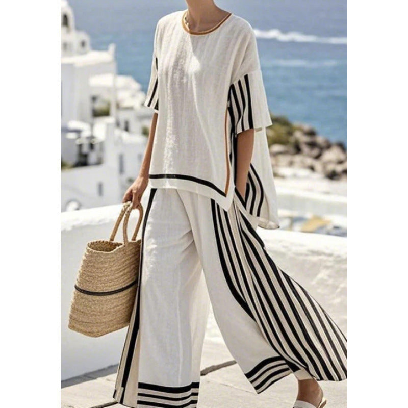 Women Boho Striped Plus Size Loose Kaftan Beach Set