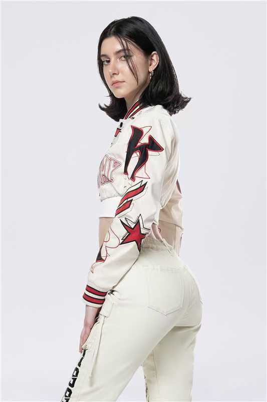 Embroidered Cropped Varsity Jacket Women Long Sleeve Baseball Coat