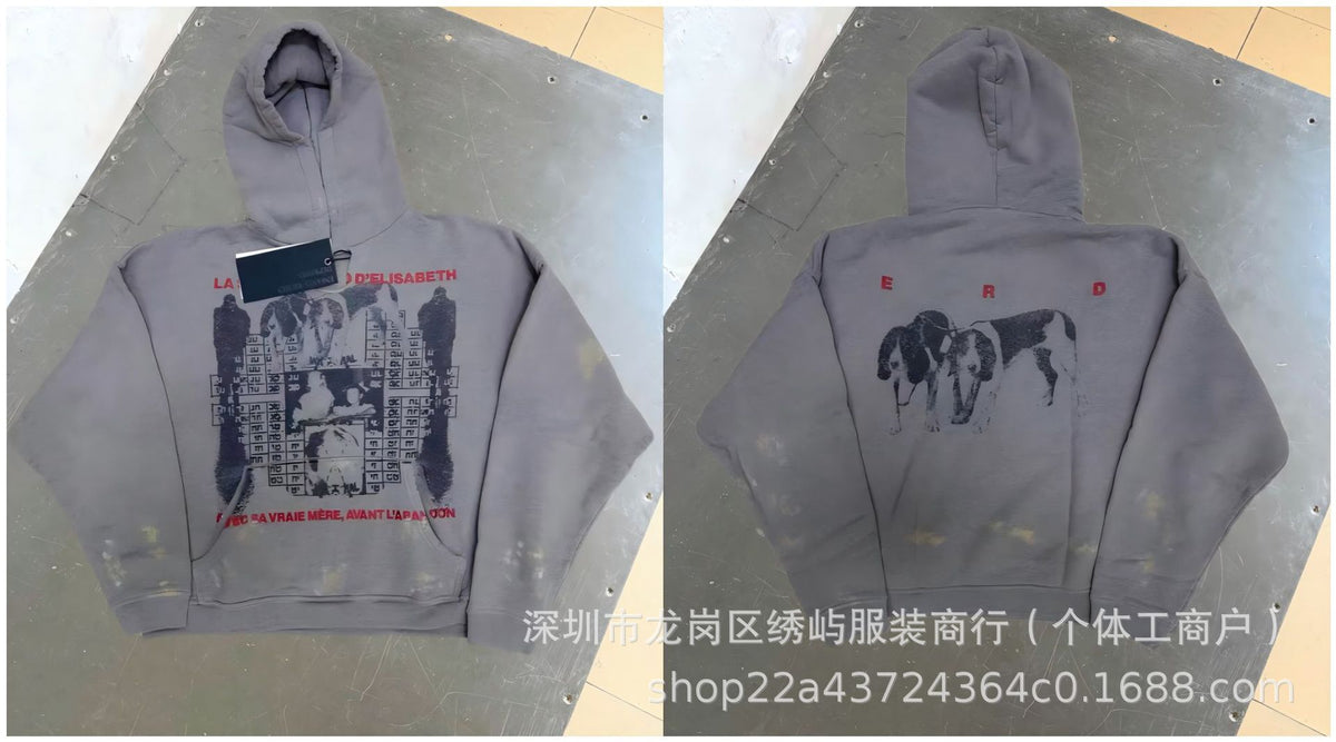 ERD Distressed Photo Letter Print Hoodie Vintage Cotton Pullover