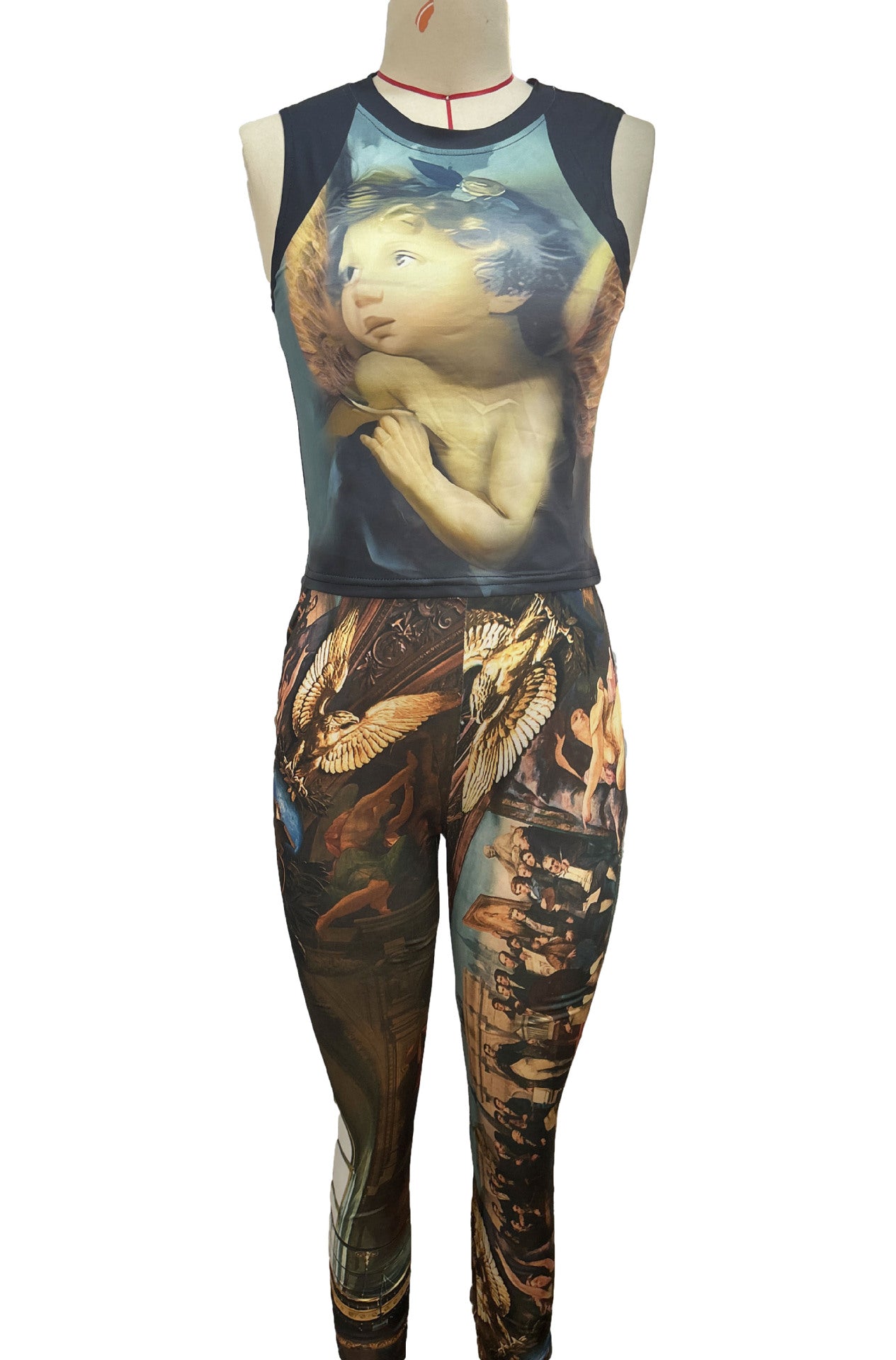 Vintage Oil Painting Print Sleeveless Crop Top Leggings 2 Piece Set