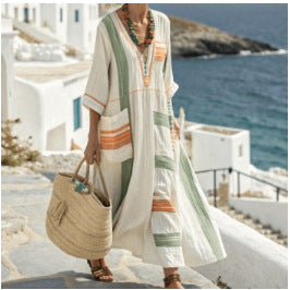 Women Boho Striped V Neck Patch Pocket Loose Kaftan Maxi Beach Dress