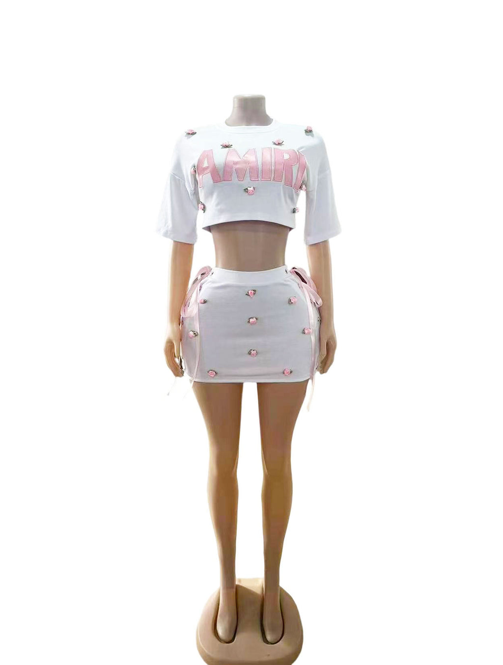 Amiri Letter Floral Embroidered Crop Top Mini Skirt 2 Piece Set Women