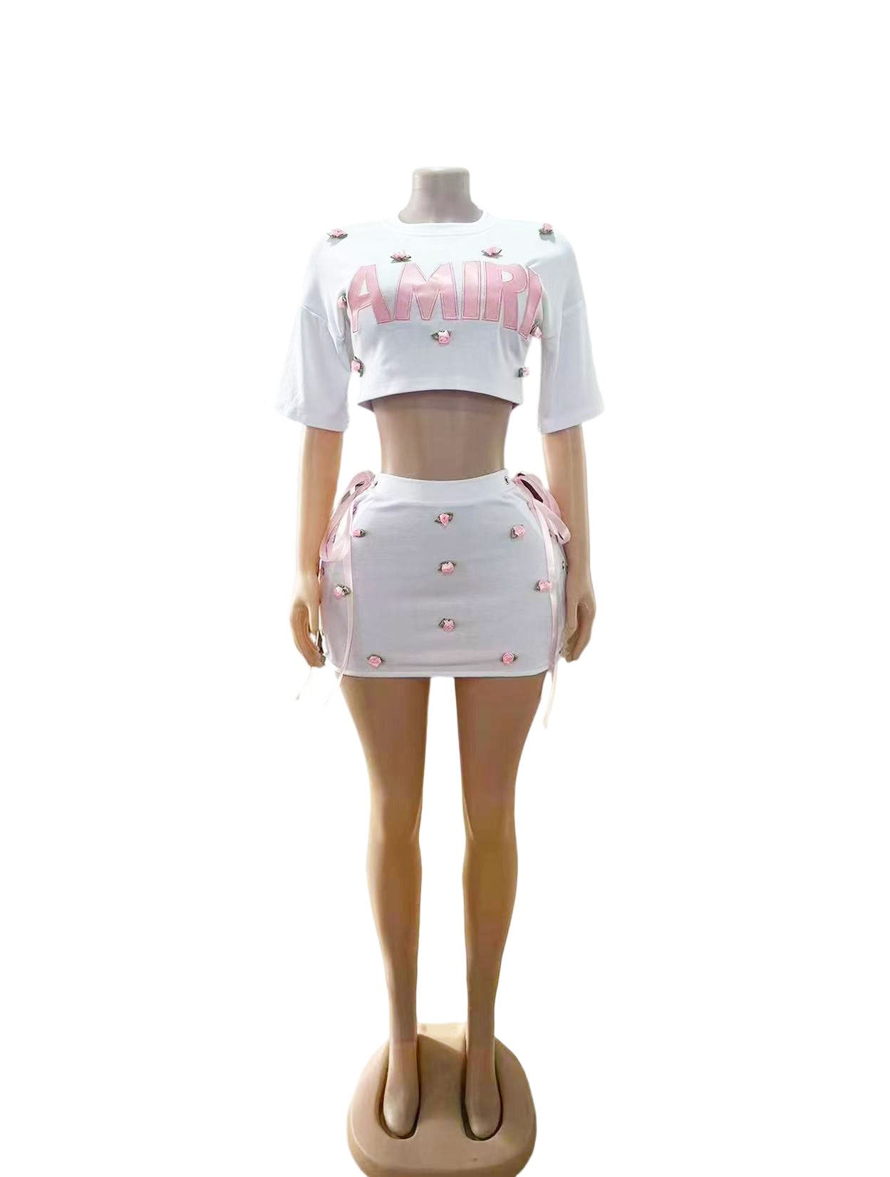 Amiri Letter Floral Embroidered Crop Top Mini Skirt 2 Piece Set Women