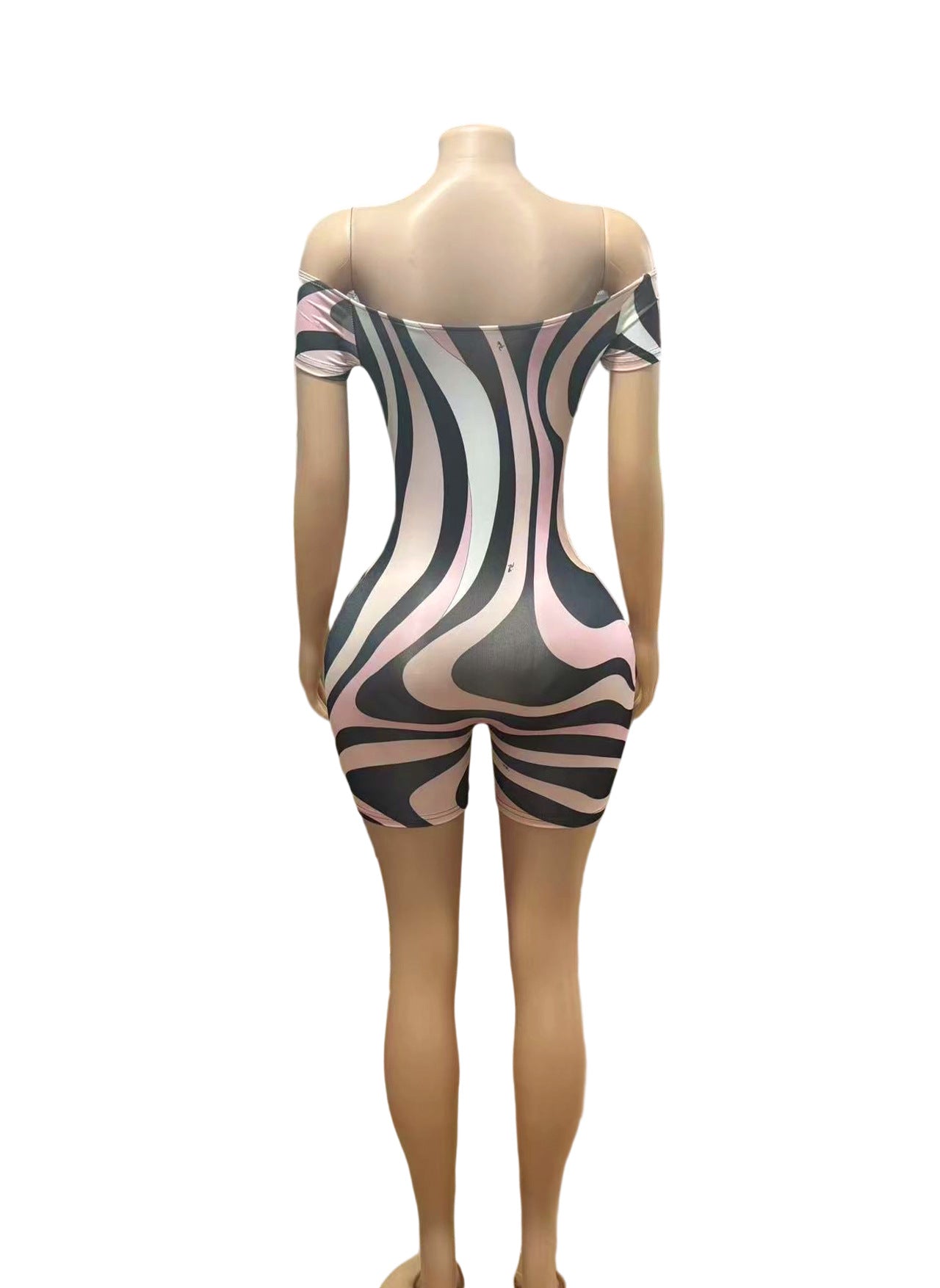 Off Shoulder Abstract Print Bodycon Romper Shorts Women Sexy Club Jumpsuit