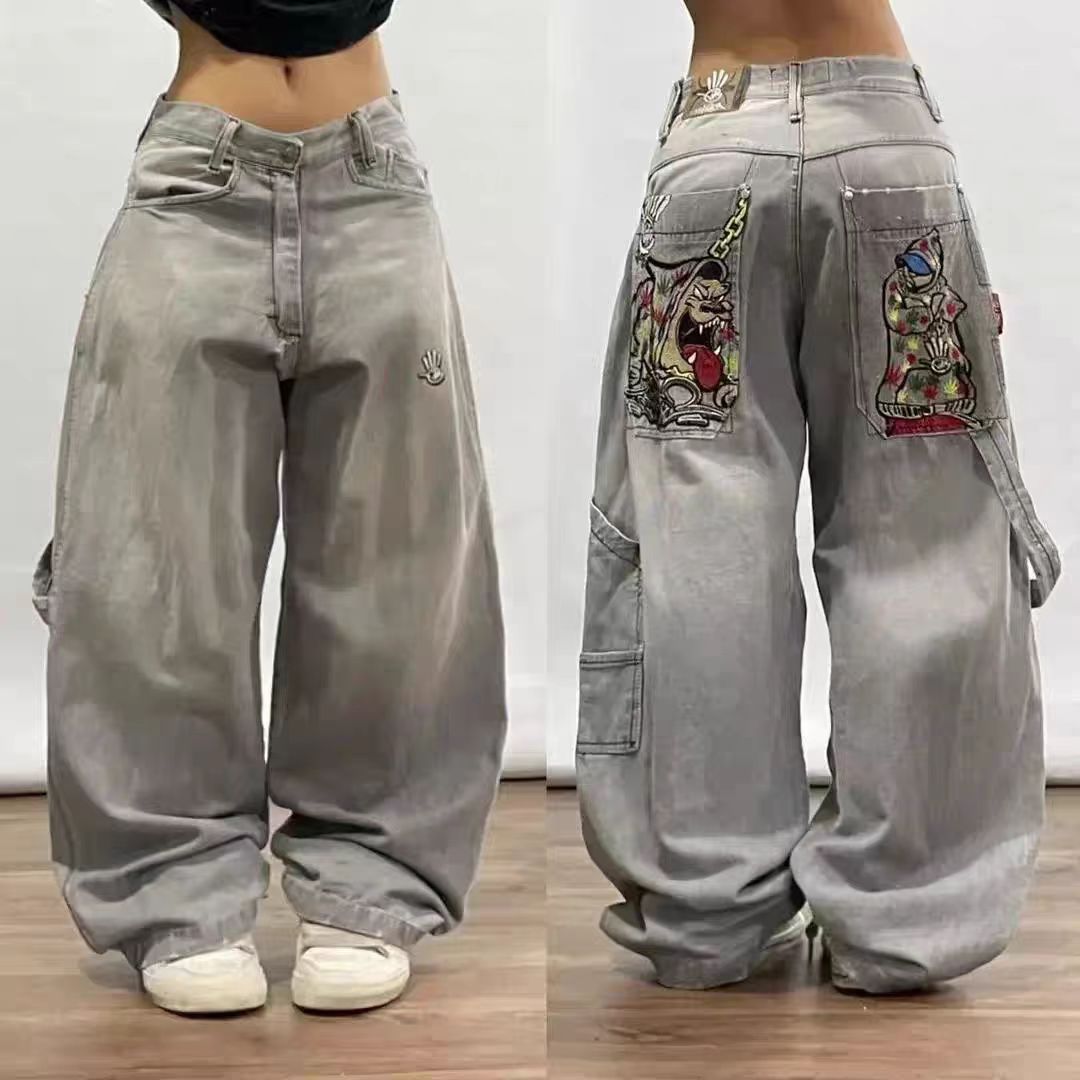 JNCO Style Y2K Baggy Jeans Drachen- & Poker-Stickerei Streetwear Denim-Hose
