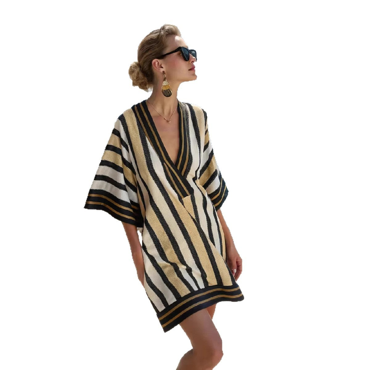 Women Boho Vertical Striped V Neck Loose Short Kaftan Beach Dress