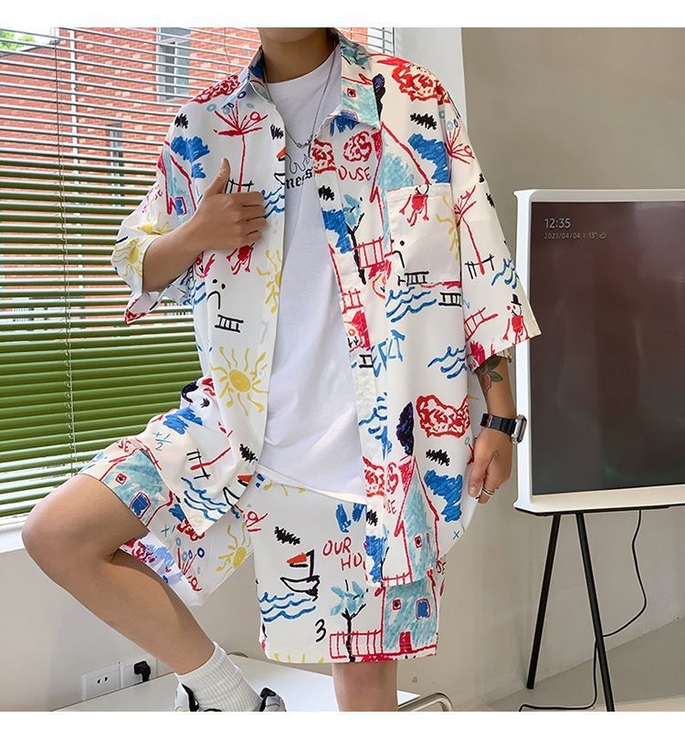 Couple Quick Dry Floral Loose Tropical Beach Shirt Shorts Set