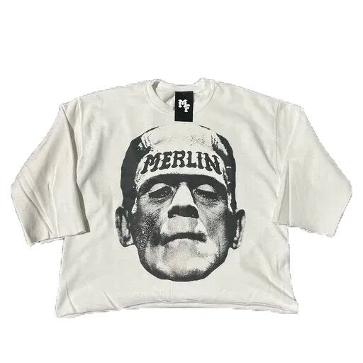 Merlin Worldwide Style Y2K Cartoon Portrait Oversized Vintage Baumwoll-T-Shirt