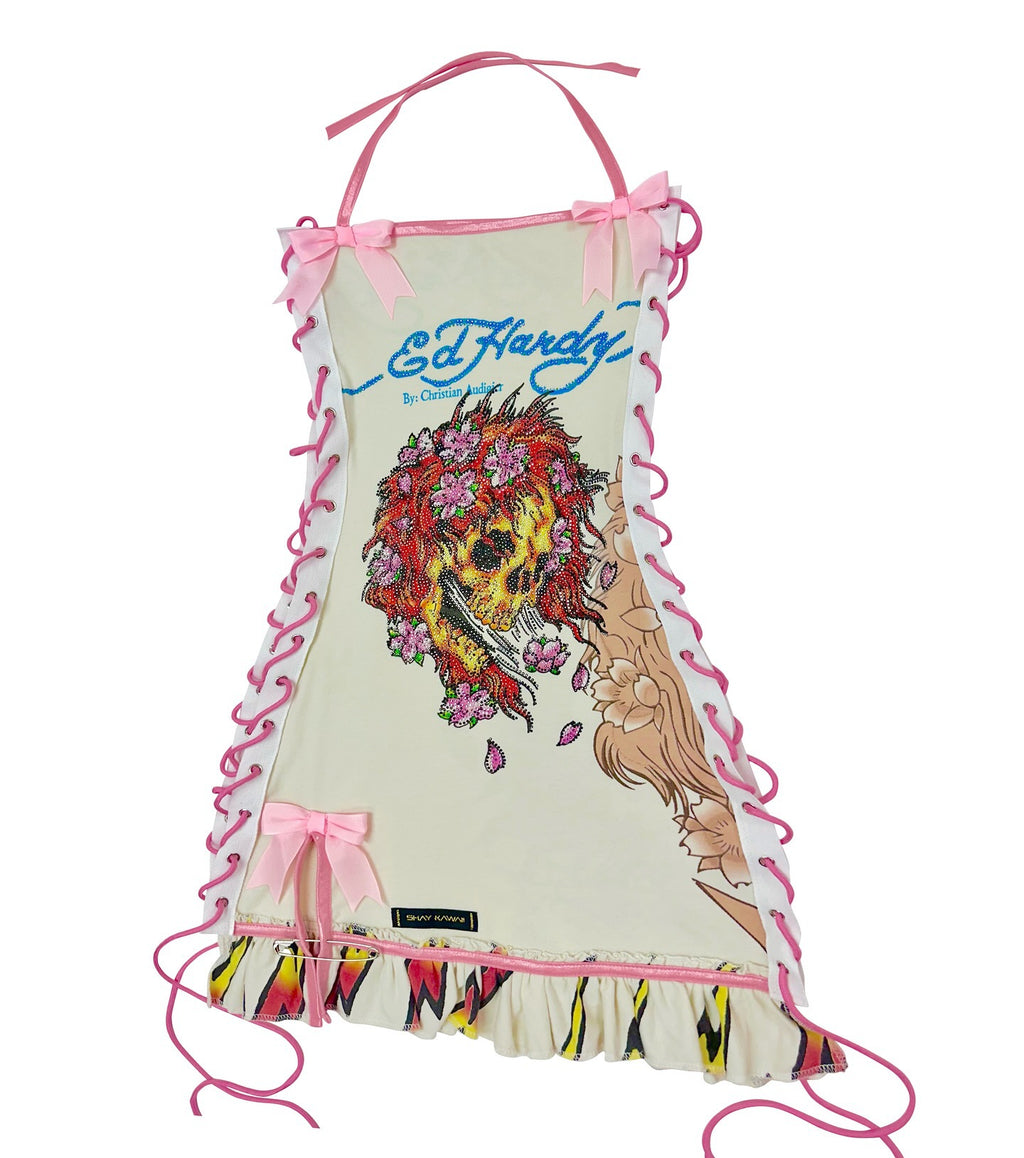 Vintage Skull Print Lace Up Cami Mini Dress Halloween