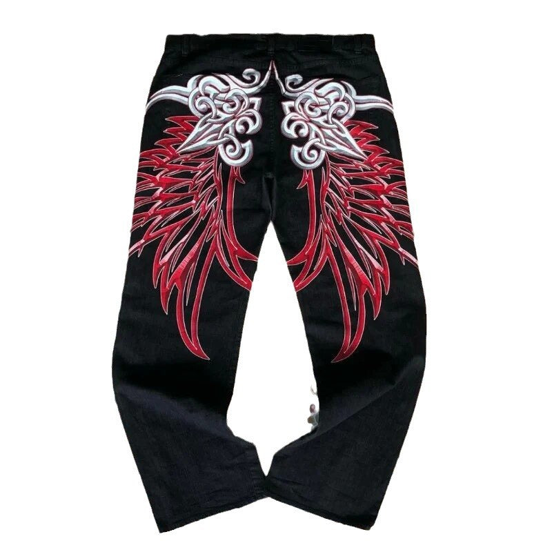 Y2K Gothic Wing & Cross Embroidered Baggy Wide Leg Denim Jeans