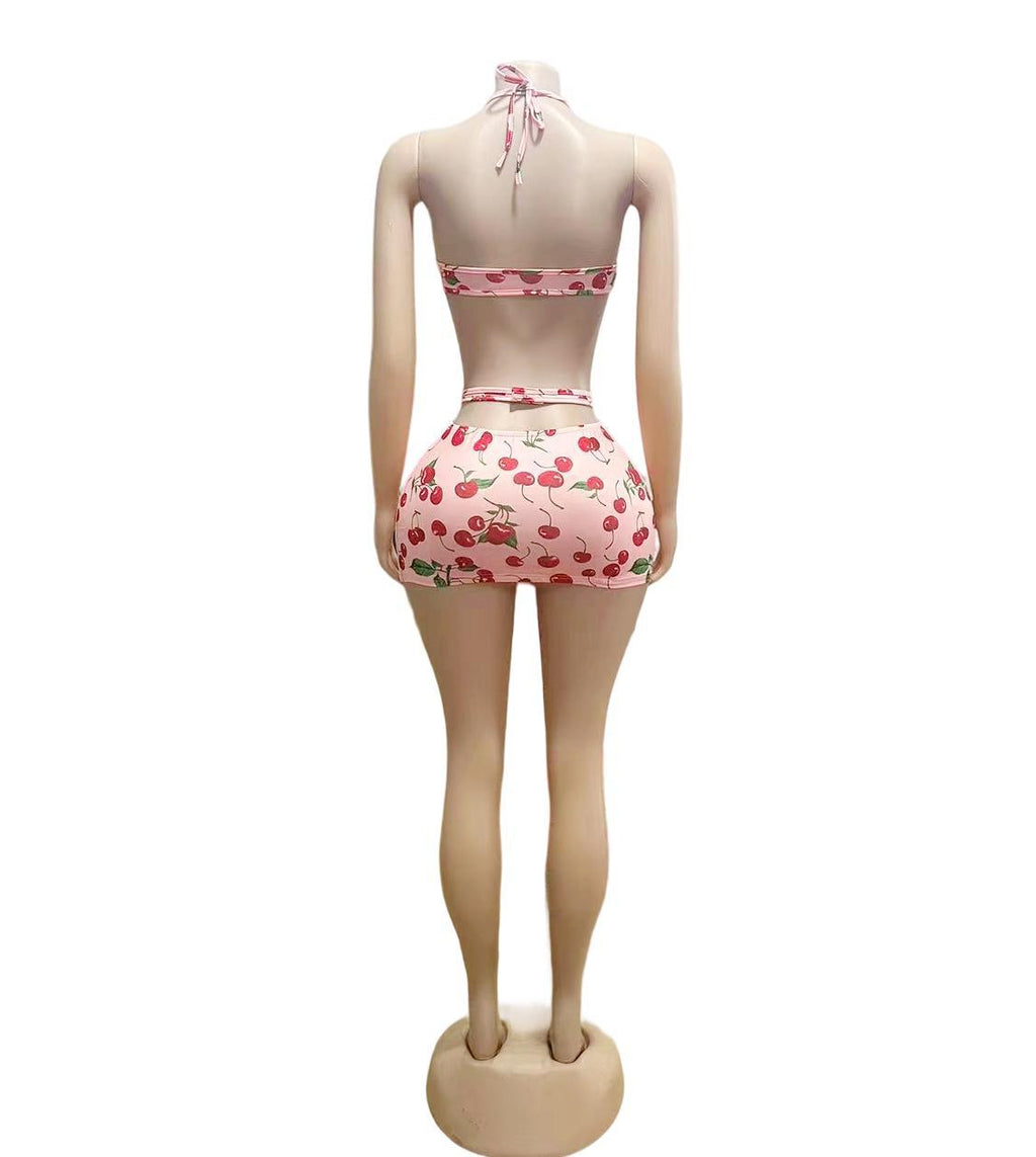 Cherry Print Spaghetti Strap Top Mini Skirt 2 Piece Set Women
