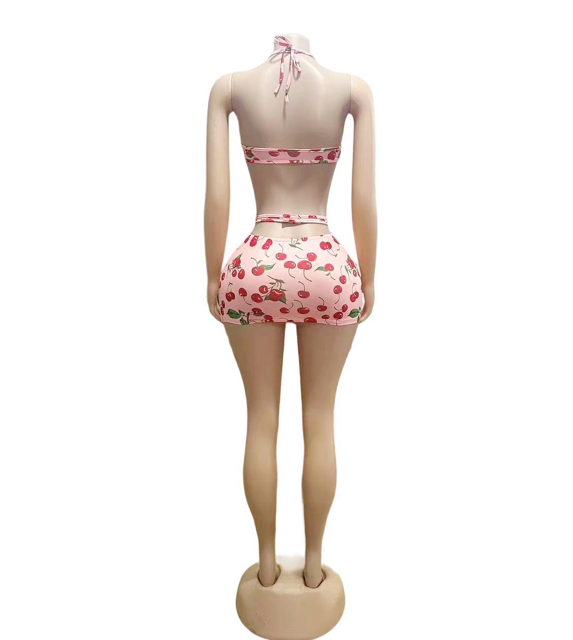 Cherry Print Spaghetti Strap Top Mini Skirt 2 Piece Set Women