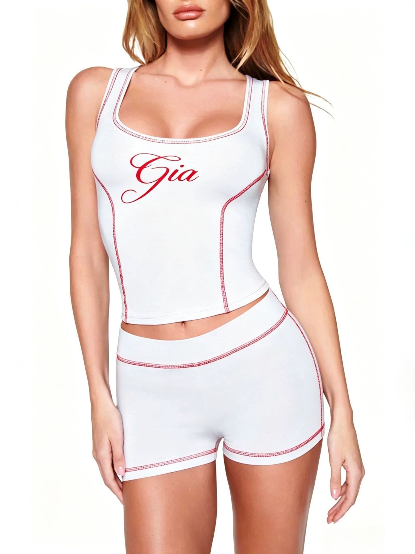 I.AM.GIA Contrast Piping Letter Print Square Neck Tank Short 2 Piece Set