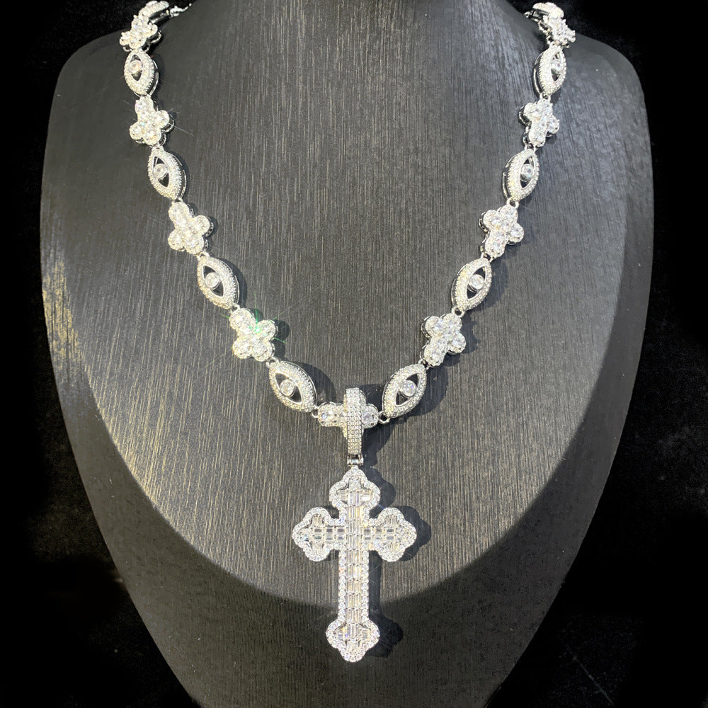 Iced Evil Eye Cross Pendant Hip Hop Chain Necklace