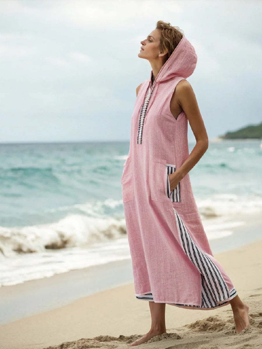 Women Boho Striped Hooded Sleeveless Slit Pocket Kaftan Maxi Beach Dress