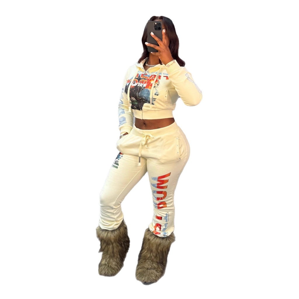 First Row Post Human New Born Zip Crop Hoodie Flare Jogger 2 Piece Set Women