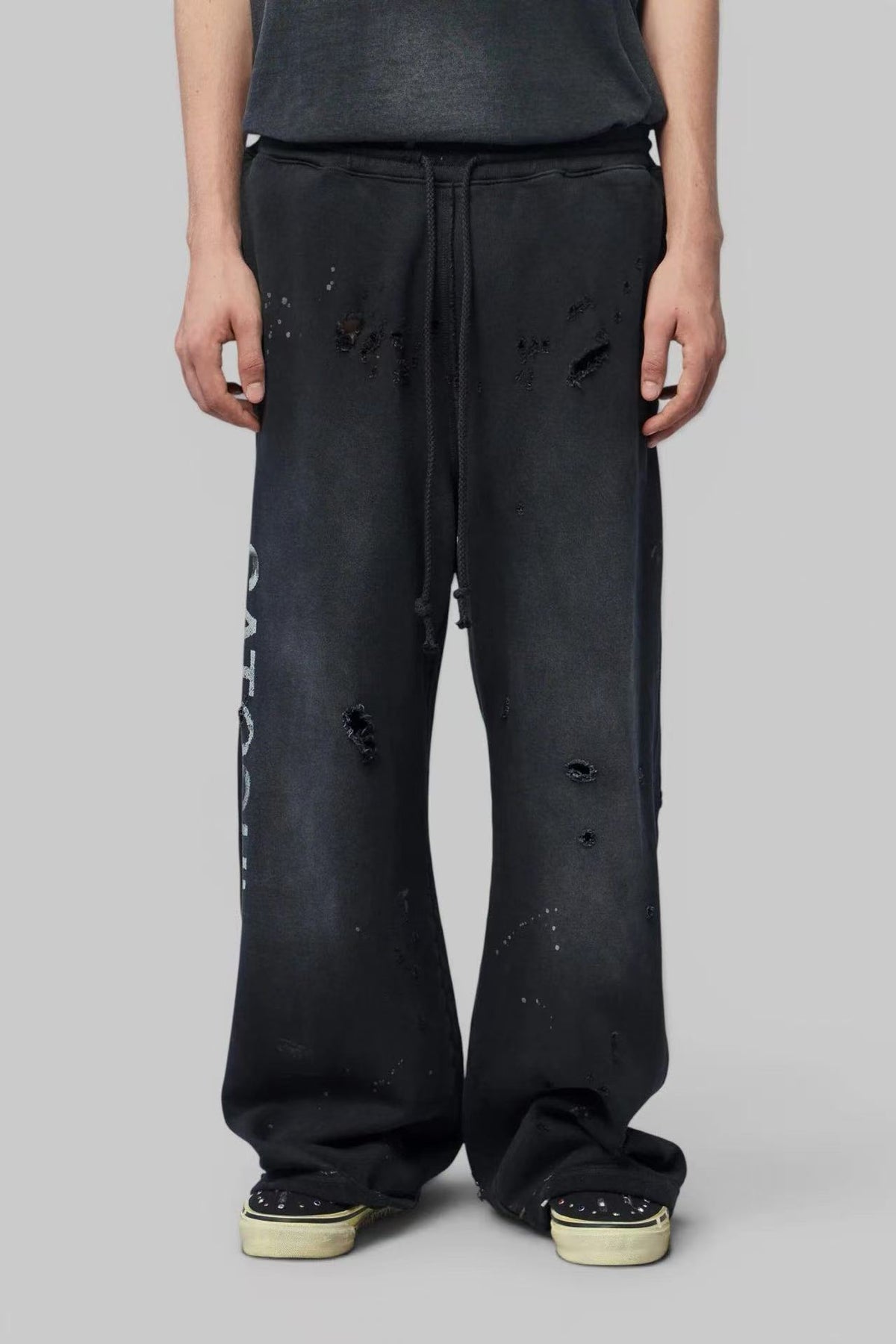 Satoshi Nakamoto Washed Distressed Splash Paint Wide Leg Sweatpants