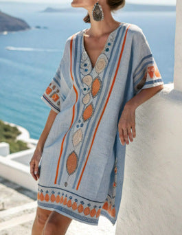 Women Boho Striped V Neck Loose Kaftan Midi Beach Dress